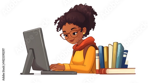 Obraz na płótnie Vector cartoon illustration of a librarian at a desktop computer, adjusting glasses and typing while surrounded by books, calm and engaged expression. White background, detailed vector setup. w salonie