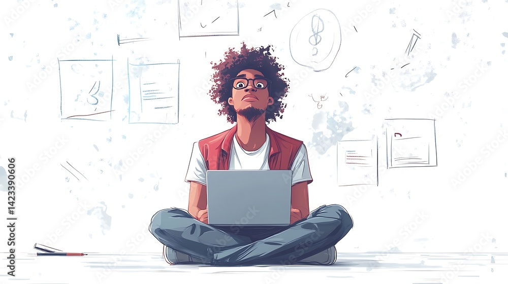 Vector cartoon of a teacher seated cross-legged with pen and laptop, looking up with a puzzled expression, whiteboard sketches in background. Full-body with white background.