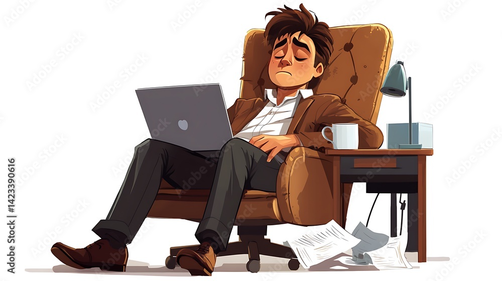 Vector cartoon of an office worker in semi-formal attire slumped in a chair, laptop open and papers scattered, tired facial expression with coffee mug in hand. White background.