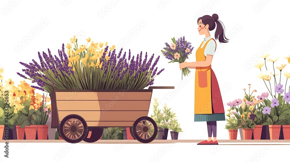 Vector cartoon of florist in a colorful apron, holding bouquet and clipping lavender stems, slight side profile, standing beside flower cart. White background, full-body pose.