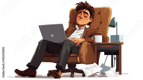 Vector cartoon of an office worker in semi-formal attire slumped in a chair, laptop open and papers scattered, tired facial expression with coffee mug in hand. White background.