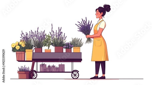 Obraz na płótnie Vector cartoon of florist in a colorful apron, holding bouquet and clipping lavender stems, slight side profile, standing beside flower cart. White background, full-body pose. w salonie