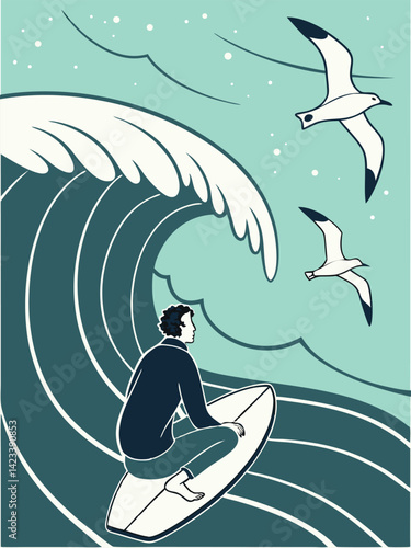 Silhouette "A meditative surfer sitting cross-legged on their board, lower body merging with crashing wave patterns