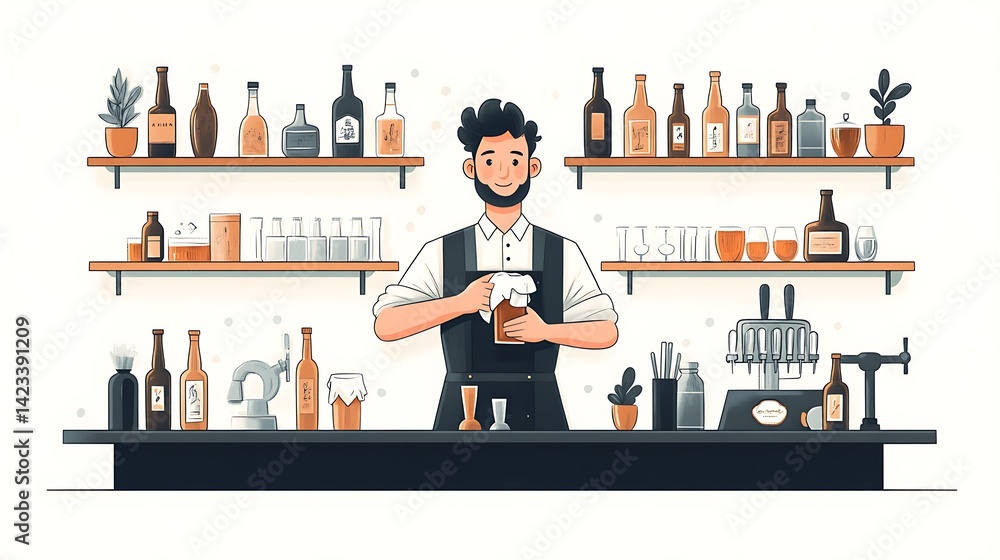 Cartoon bartender with a stern look, wiping a beer mug with a towel, surrounded by shelves of bottles and glasses, vest and apron attire. Full body, white background.