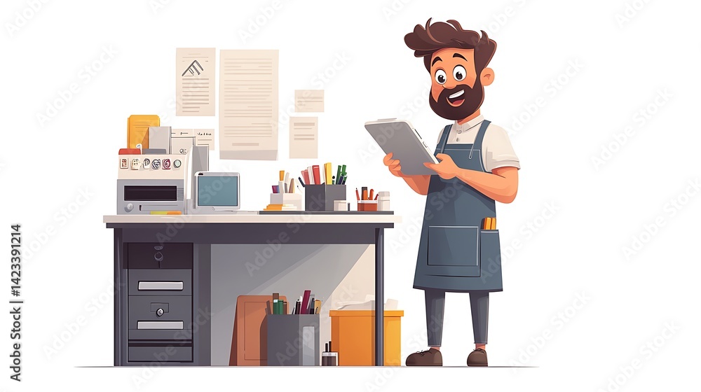 Cartoon character of a designer holding a glowing tablet and stylus, surprised and inspired expression, standing next to a cluttered creative desk in apron. White background, full body.