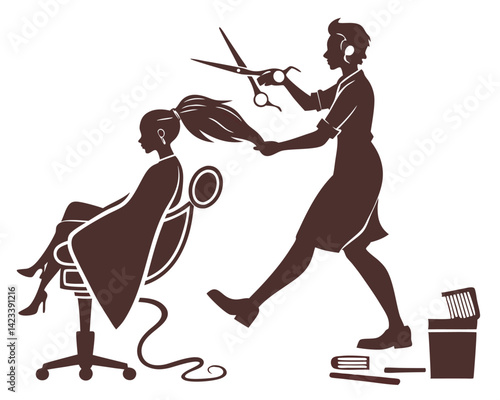 a high-quality silhouette vector of a hairstylist cutting a client’s hair with scissors 