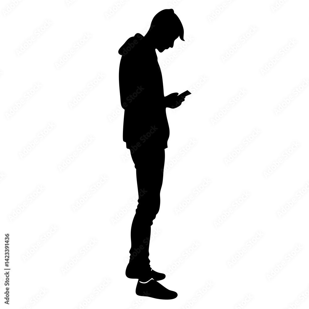 Young Man Using Mobile Phone Black Silhouette Isolated On White Background Young Man Using Mobile Phone Black Silhouette Isolated On White Background
