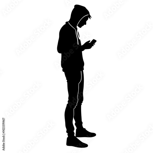 Silhouette Of Young Man Texting On Smartphone In Hoodie And Sweatpants Vector