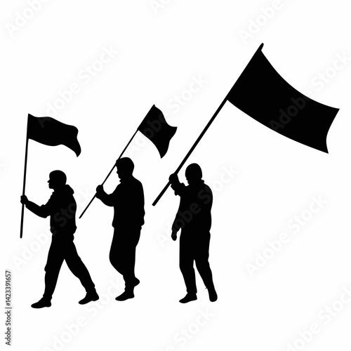 Silhouette Of Protesters Marching With Flags In Demonstration Vector Illustration