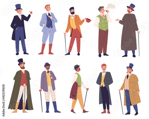 Victorian gentlemen. English aristocrat fashion gentleman characters, 19th century british man in hat cane and vintage costume 1900 old outfit dandy set, classy vector illustration