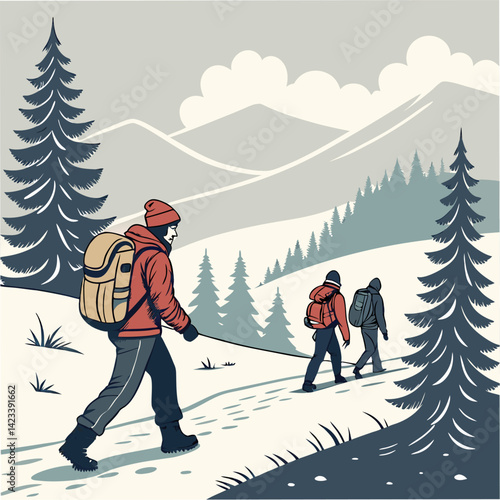 Winter Hiking Adventure: Three Hikers on Snowy Mountain Trail.