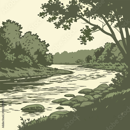 Serene River Landscape: Olive Green Illustration - Nature Scene with Trees & Rocks.