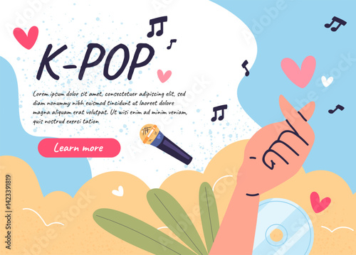 K pop poster. Kpop korean music culture, hand heart gesture with microphone korea idol dance vocalist banner cute asian design landing page for concert event vector illustration