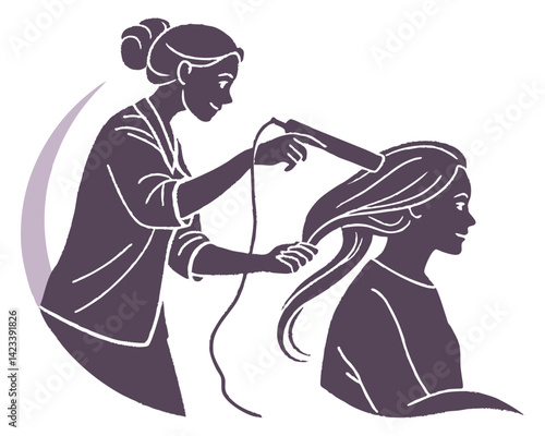 a clean silhouette of a hairstylist straightening a client’s hair with a flat iron