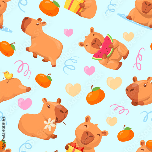 Capybara pattern. Kawaii capybaras seamless patterns, cute capibara baby animal cartoon characters background fabric print decor wallpaper childish mascot, neat vector illustration