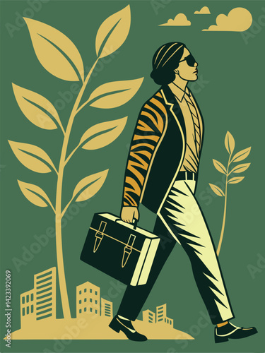 Silhouette A suited figure with tiger-stripe lapels, their briefcase sprouting tropical leaves