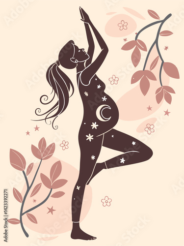 Silhouette of a pregnant woman in a yoga pose, with hands raised above her head. 