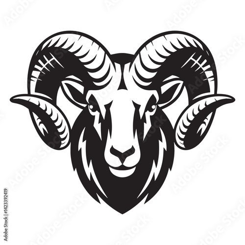 Black and white stylized illustration of a ram's head Logo or silhouette