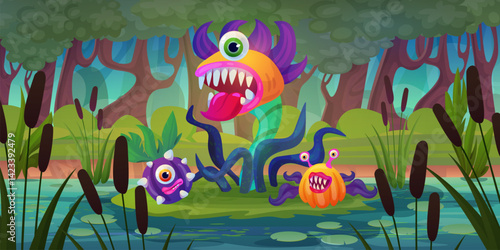 Monster plants landscape. Fantasy scary jungle with carnivorous flowers, magic game level halloween background evil flower in swamp dark forest flytrap, swanky vector illustration