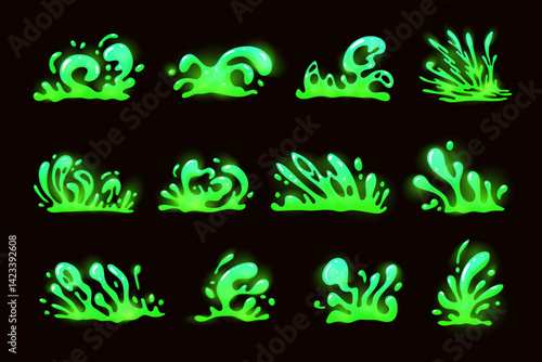 Poison splashes. Toxic liquid green paint splash, slime glue goo drip splatter spooky bacteria poisonous substance syrup drops sticky jelly, cartoon swanky vector illustration