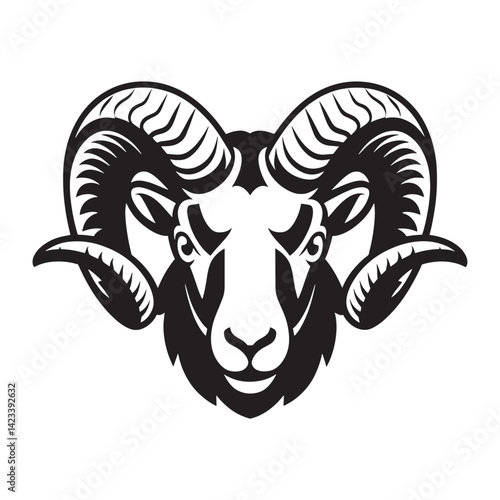 Black and white stylized illustration of a ram's head Logo or silhouette