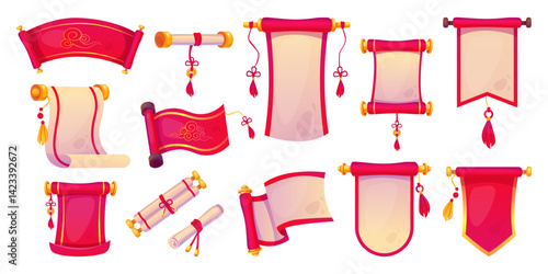 Chinese paper scrolls. Old paper roll royal letter with red rope, japan book reels asian vintage parchment banner lunar new year festive scroll, cartoon swanky vector illustration