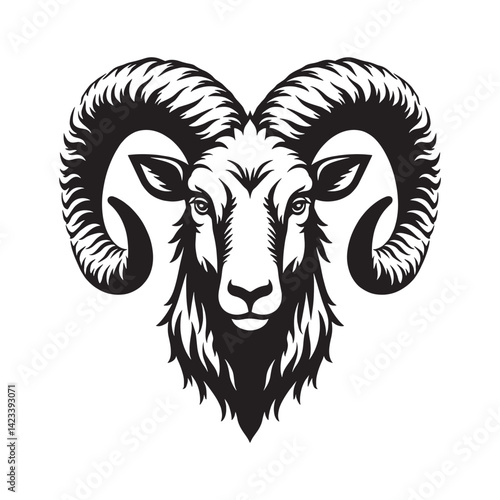 Black and white stylized illustration of a ram's head Logo or silhouette