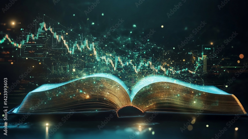 Obraz premium Financial knowledge revelation: Open book displaying a stock market chart