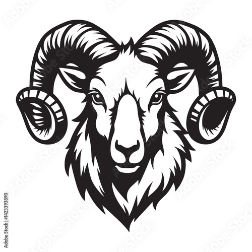 Black and white stylized illustration of a ram's head Logo or silhouette