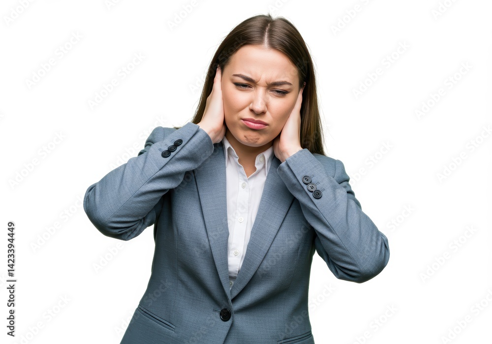 Frustrated Businesswoman Covering Ears – Noise, Stress, or Annoyance Concept Frustrated Businesswoman Covering Ears – Noise, Stress, or Annoyance Concept