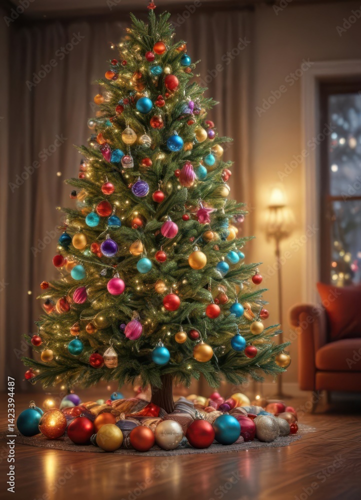 Sparkling tree, colorful baubles, warm room ambiance, shine, ornaments, xmas Sparkling tree, colorful baubles, warm room ambiance, shine, ornaments, xmas