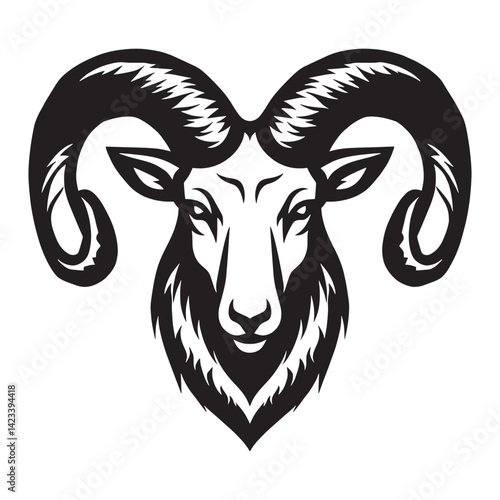 Black and white stylized illustration of a ram's head Logo or silhouette