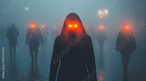 Mystical Figures With Glowing Eyes in a Foggy and Ethereal Atmosphere Image