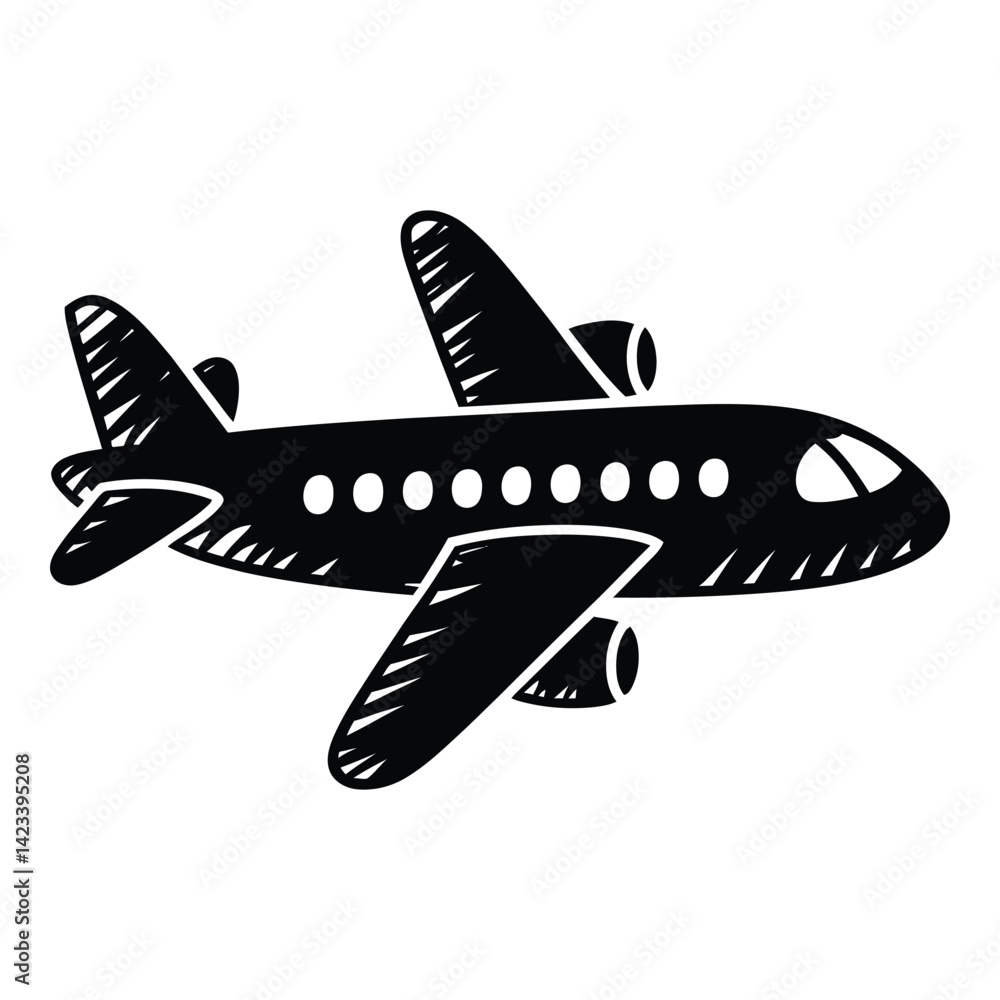 Fototapeta premium Airplane Doodle Silhouette, Vector, Icon, Logo, White Background.