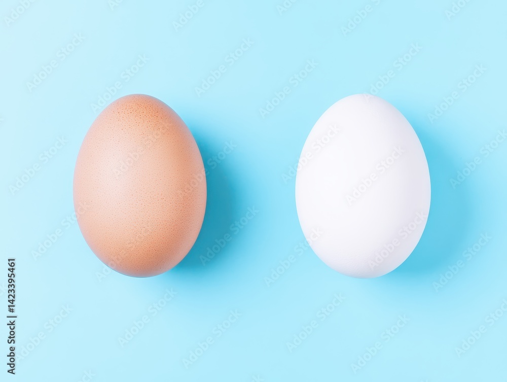 Two eggs, one brown, one white, on a light blue background Two eggs, one brown, one white, on a light blue background