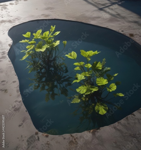 Submerged plants create unique shapes and shadows in a still pool's reflective surface ,  flora,  texture