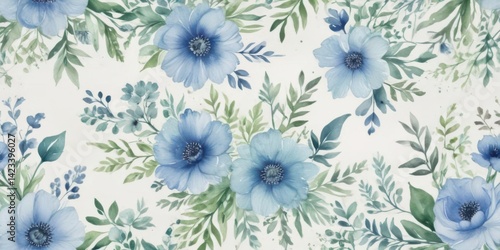 Creamy white background with delicate blue and green watercolor floral pattern , wash, soft, blossom