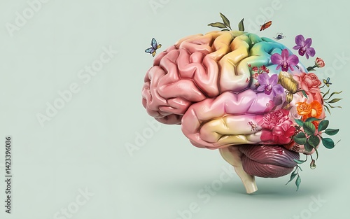 Human brain with floral elements like a rose, depicted as a vector illustration, merges anatomy and nature in an artful design.