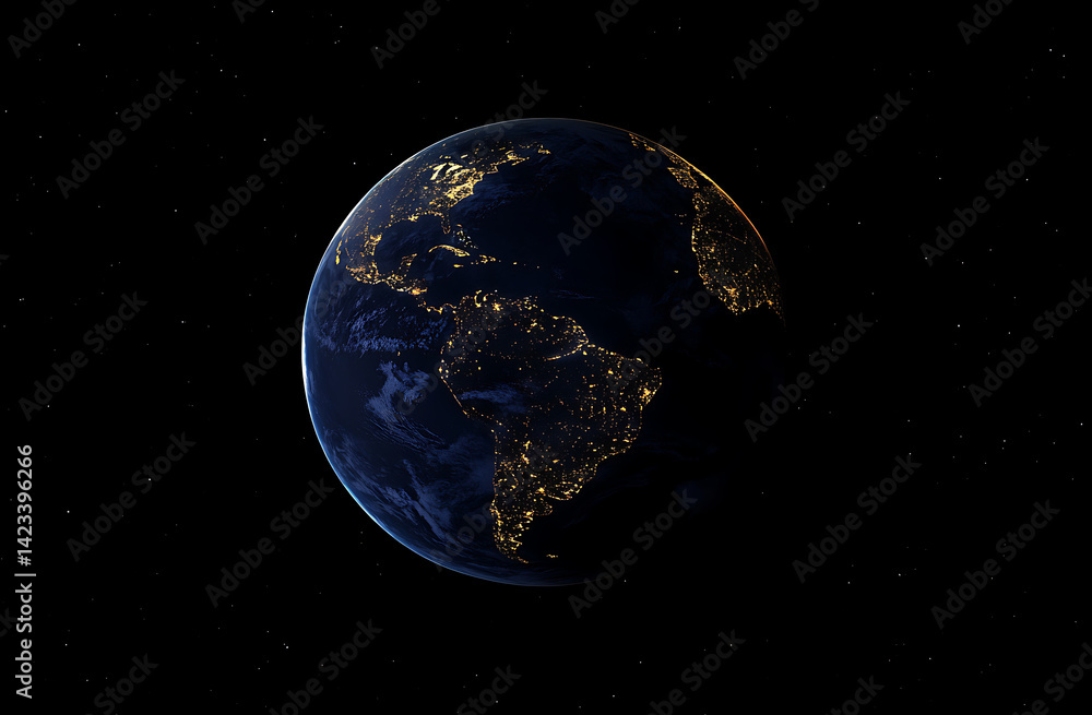 Obraz premium Realistic Earth from space at night, with lights glowing in cities, showcasing global connectivity and the planet's atmosphere.