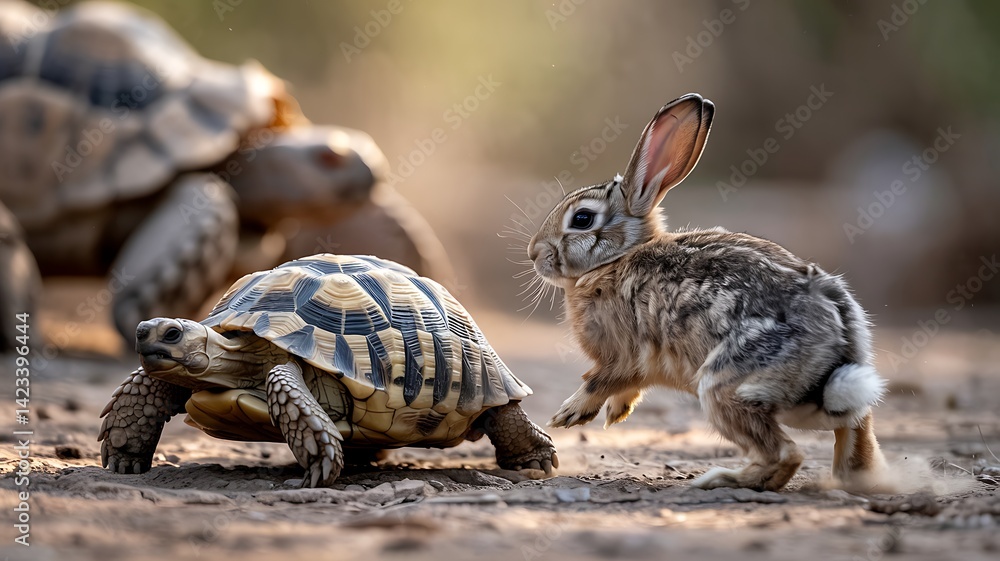 Naklejka premium A rabbit hops playfully towards the turtles on a vibrant path. The sun shines brightly.
