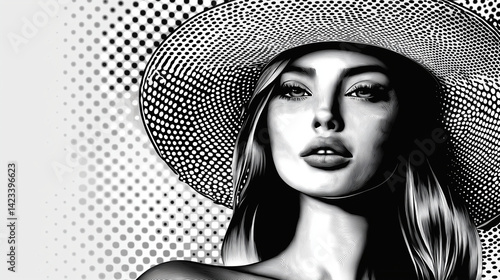 Schwarzweiß Bild einer Frau mit Hut im Raster Drucktechnik Verfahren