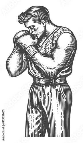 Vintage Boxer Illustration in Linocut Style with Engraved Details
