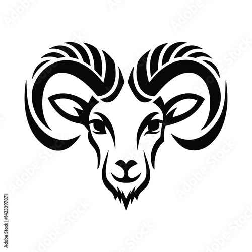 Black and white stylized illustration of a ram's head Logo or silhouette