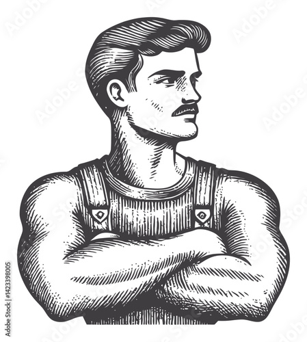 Vintage Style Linocut Illustration of Muscular Man with Arms Crossed