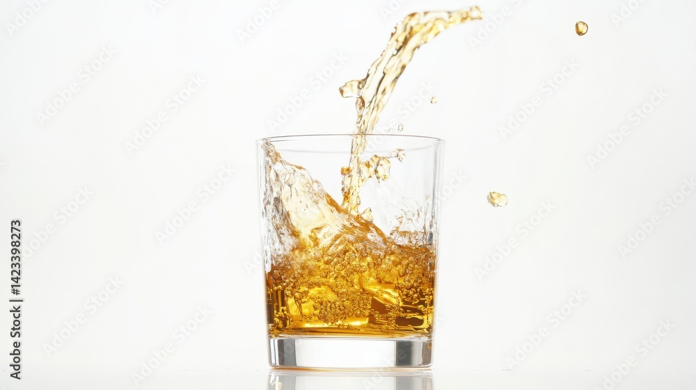 Refreshing splash of whiskey in a glass on white background for beverage concept. Stream of fuel pouring Refreshing splash of whiskey in a glass on white background for beverage concept. Stream of fuel pouring