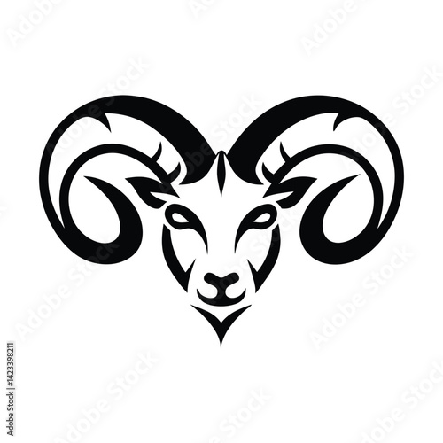 Black and white stylized illustration of a ram's head Logo or silhouette
