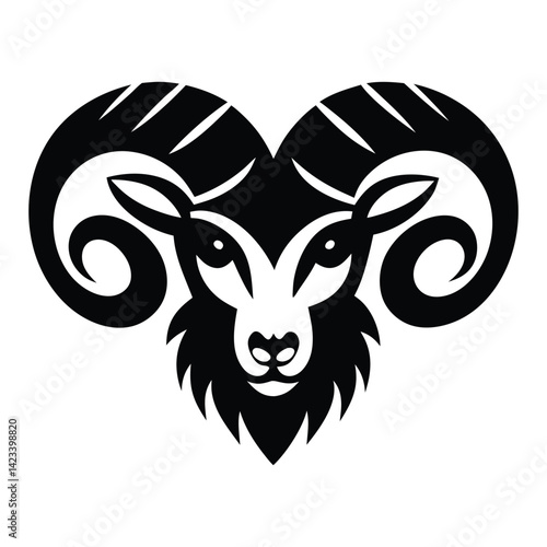 Black and white stylized illustration of a ram's head Logo or silhouette