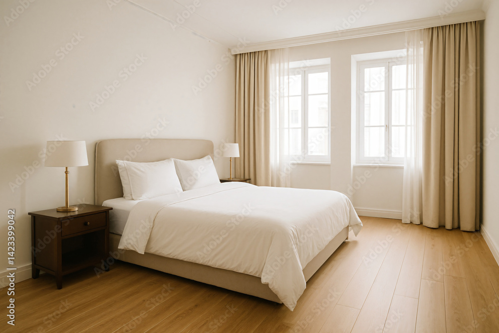 Fototapeta premium High-resolution image of a spacious, bright minimalist bedroom featuring a large bed, elegant modern furniture, and floor-to-ceiling windows. The natural light and clean aesthetic create a serene 