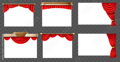 Red theater curtains isolated on transparent background. Theatrical scene classical textile. Stage drapes with hanger. 3D velvet cloth texture. Vector scarlet interior drapery frames set
