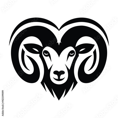 Black and white stylized illustration of a ram's head Logo or silhouette